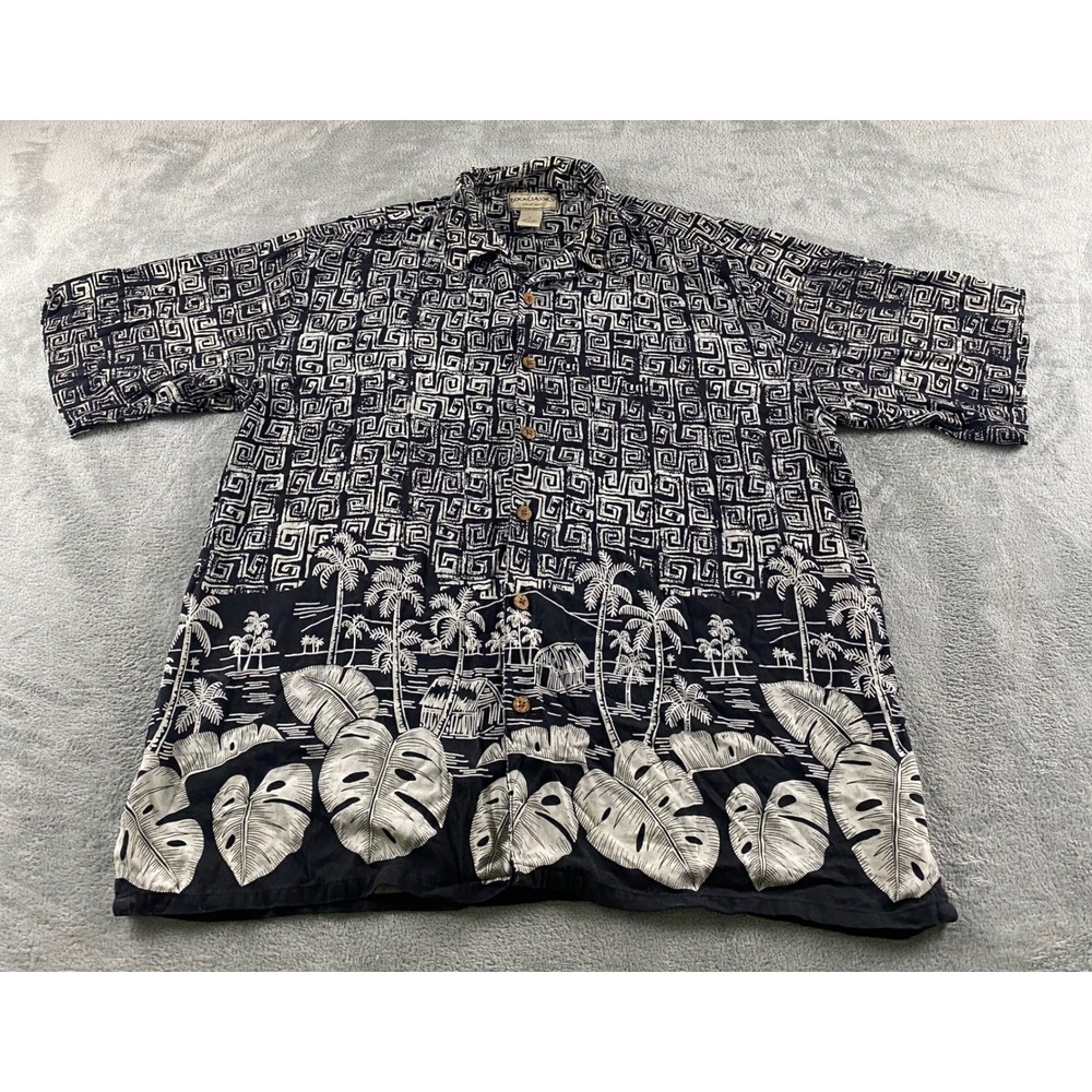 Boca Classics Mens Large 100% Silk Black Cream Tropical Geometric Aloha Shirt